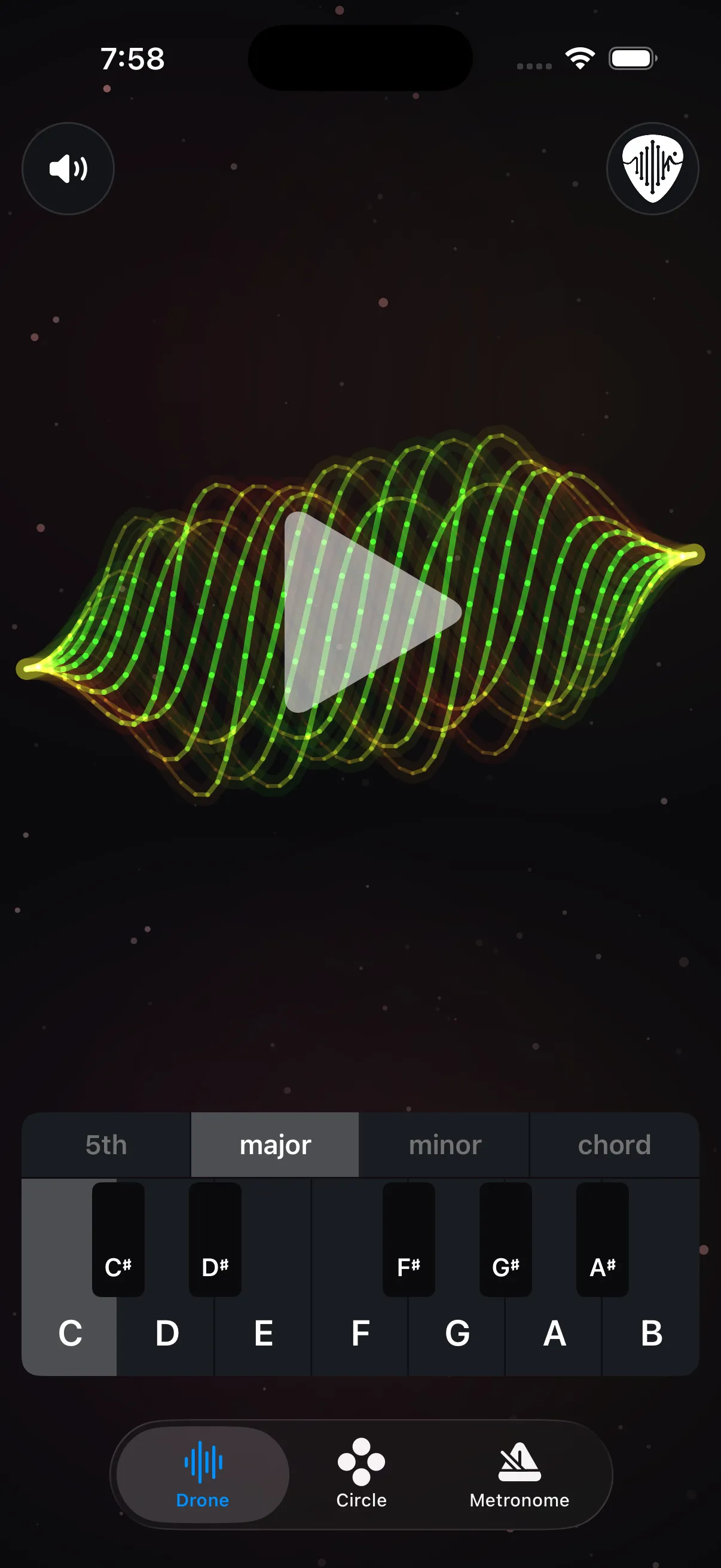 The Drone tab playing in C major, with an animated waveform and a piano key picker.