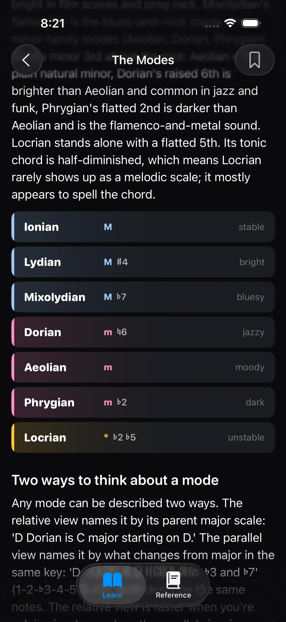 The Modes lesson, showing all seven modes in order, colour coded by family: Ionian, Lydian and Mixolydian in blue for the major family, Dorian, Aeolian and Phrygian in pink for the minor family, and Locrian in gold.