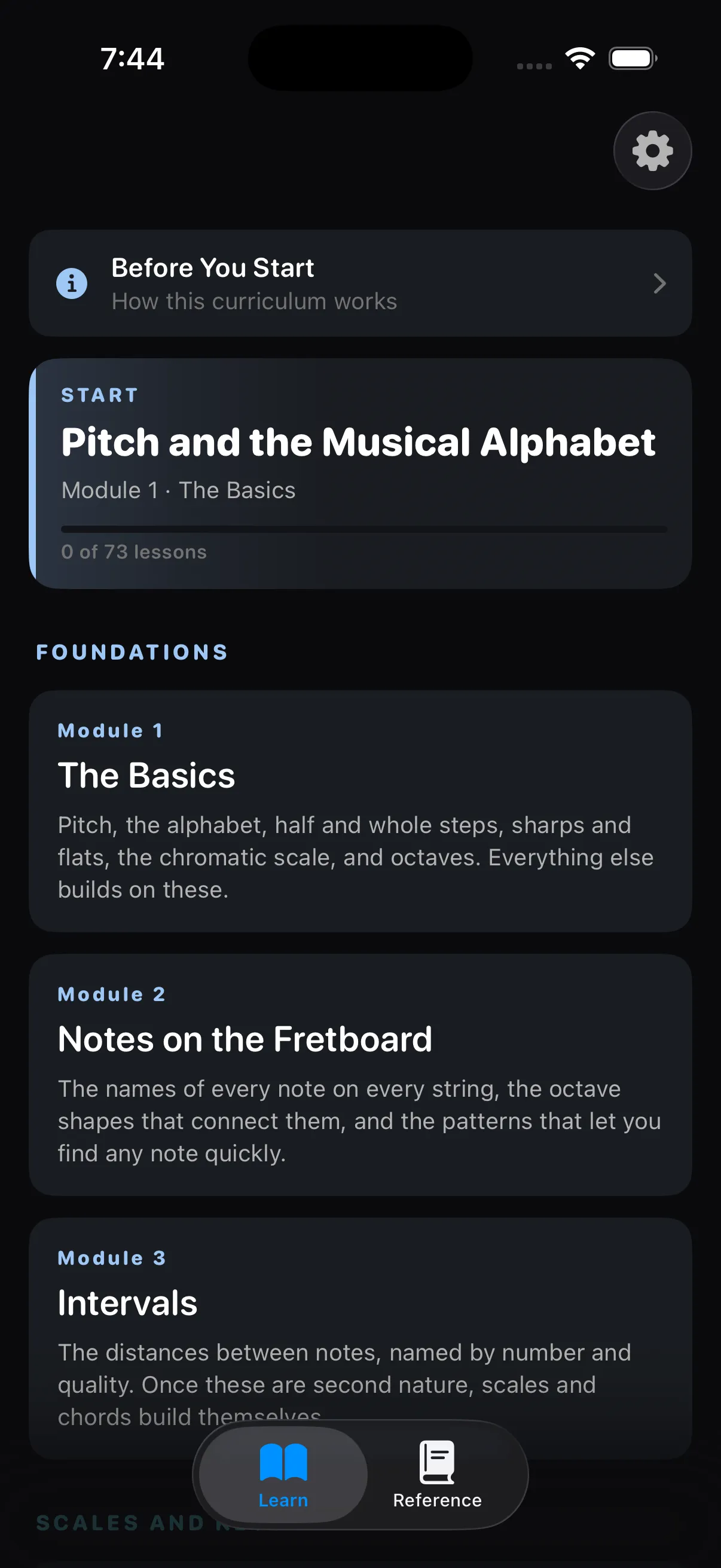 The Learn tab showing the Continue card and the first three modules of the Foundations section.