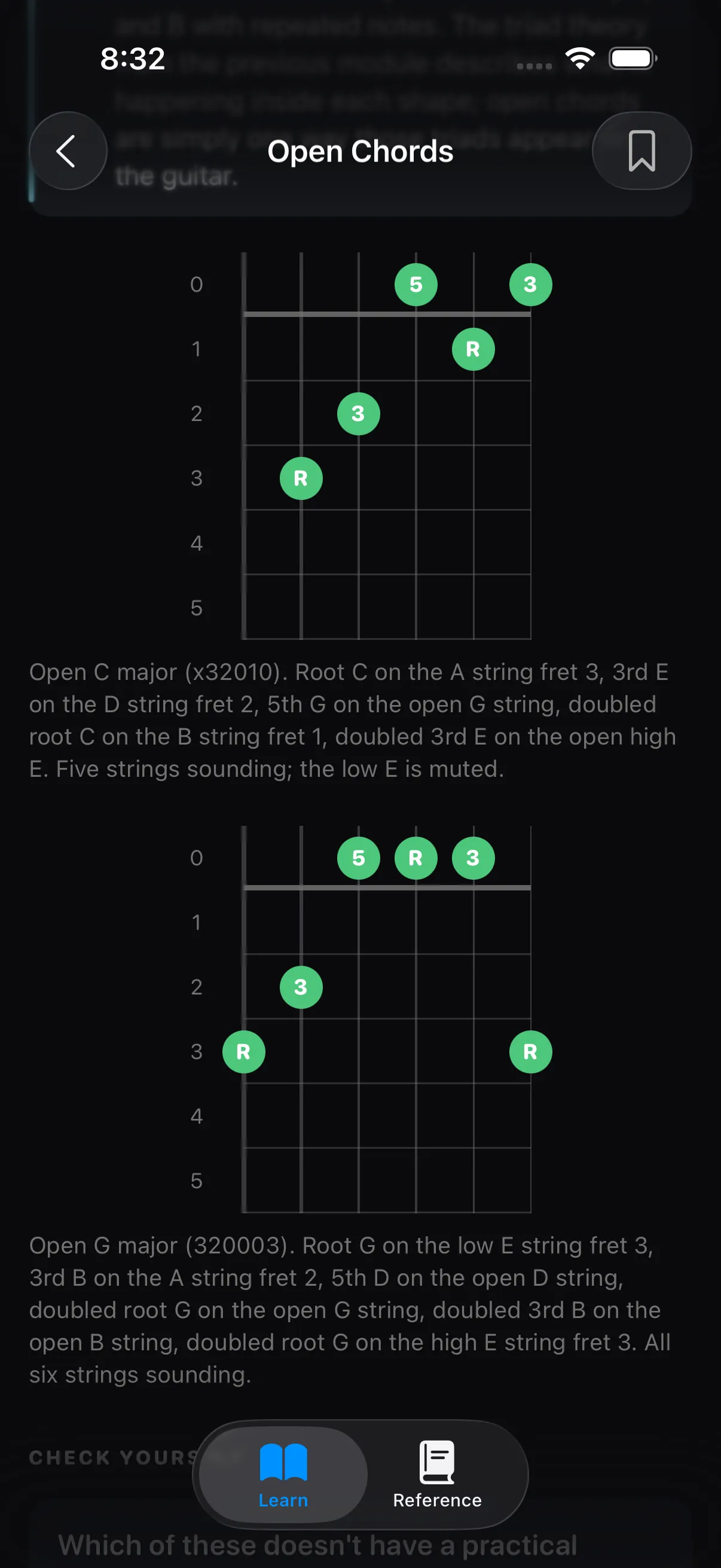 The Open Chords lesson, showing diagrams for open C major and open G major with every note labelled by its role in the chord: root, third or fifth.